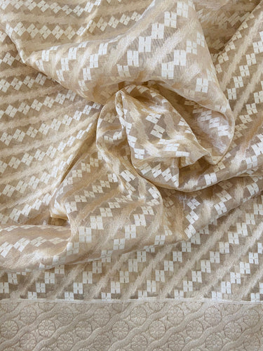 Banarasi Kora Tissue Silk Sari | Alfi Floral Border | Beige | Handwoven | Ships from California